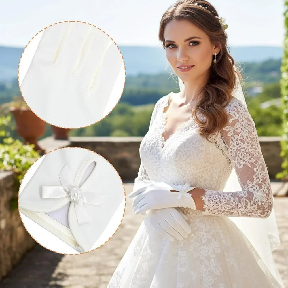 Women's Elegant White Short Flower Bow Pearl Gloves Design Wrist Wedding Dress